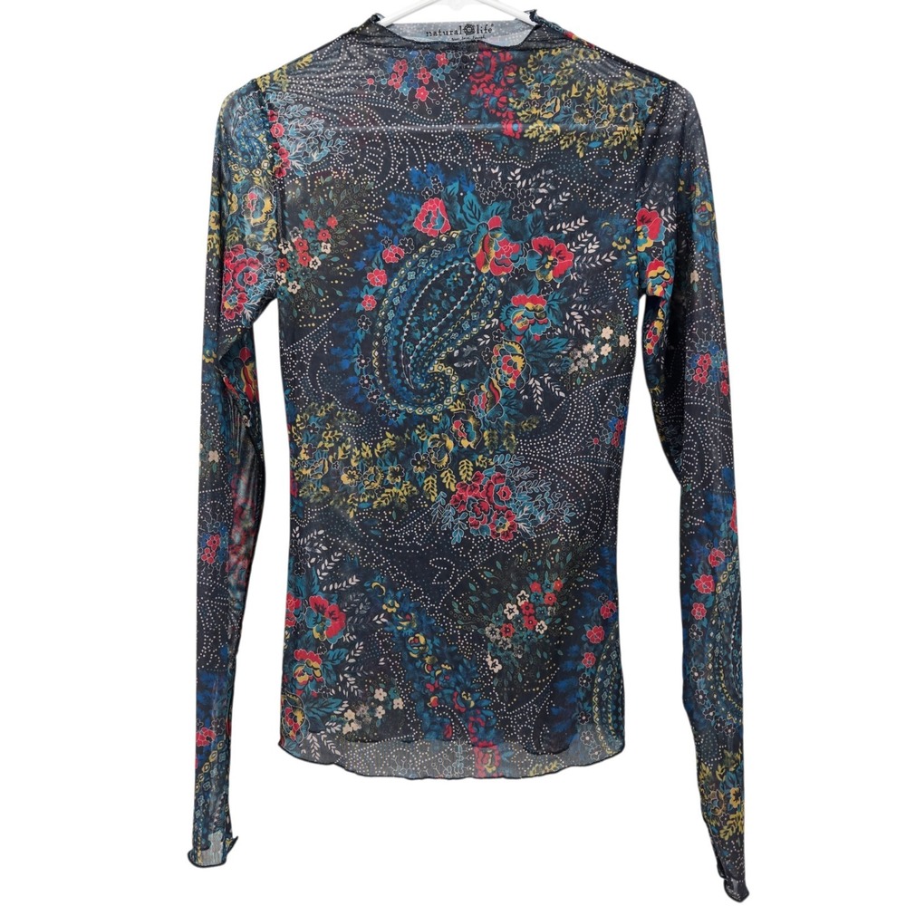 Natural Life Sheer Mesh Top Women's M Long Sleeve Floral Paisley Boho Colorful